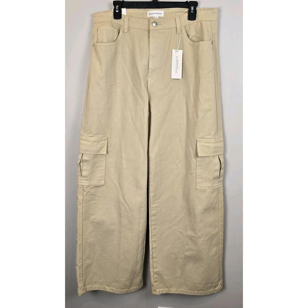 Wide Leg Pocket Cargo Pants HUSTLE N HOLLA NWT Beige US 12/31 UK 16 Skater Punk - Picture 1 of 9